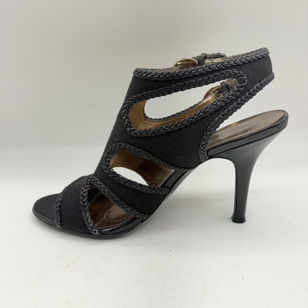 Tahari Lexie Black Canvas Braided Trim Heeled Sandals Size 8.5‎ M Gold Buckle - Picture 6 of 12